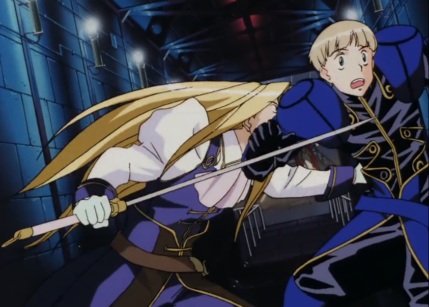 screenshot of Allen taking Shesta hostage in a hallway in the vione. shesta is disarmed and trying to flee, and allen is lunging in to grab around his waist.